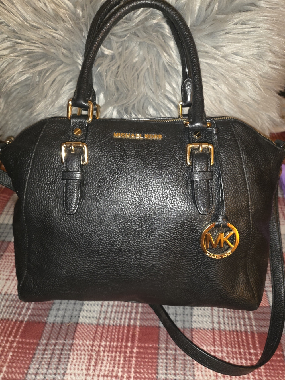 Michael Kors Black Pebbled Leather Satchel with Gold Hardware